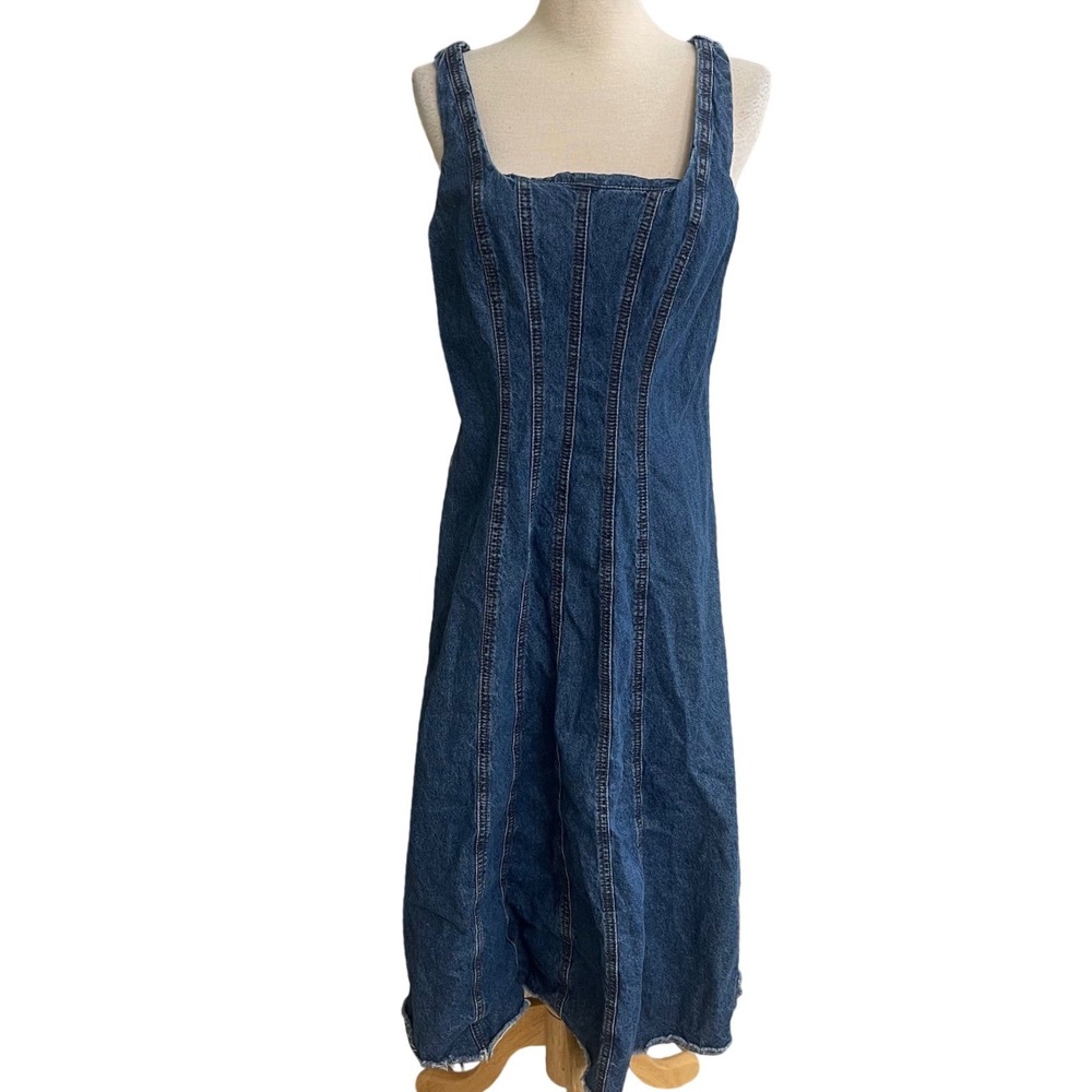 Joie Denim Corset Midi Dress Blue Sleeveless Frayed Hem Size Small midi